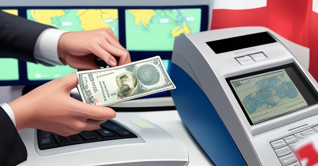 一台 ATM，周圍漂浮著鈔票