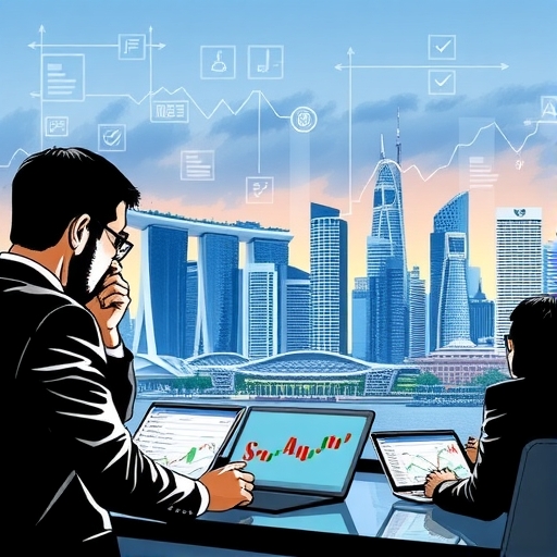 蘇州的天際線，顯示金融符號與新聞標題