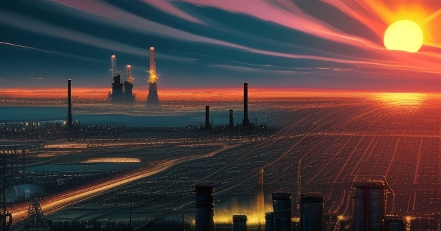 黃昏的城市天際線與石油平台