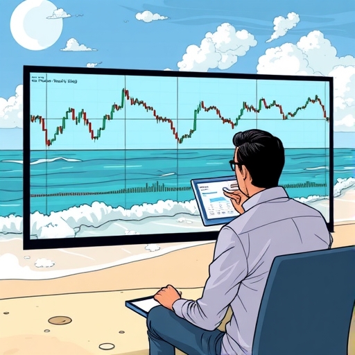 一個寧靜的海灘場景，象徵著過濾市場噪音像海浪般的平靜