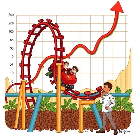 一堆可可豆與背景的價格走勢圖