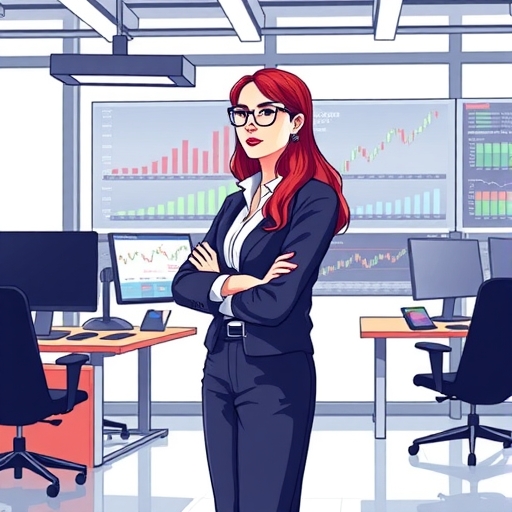 莎拉自信地站在股票市場展示前