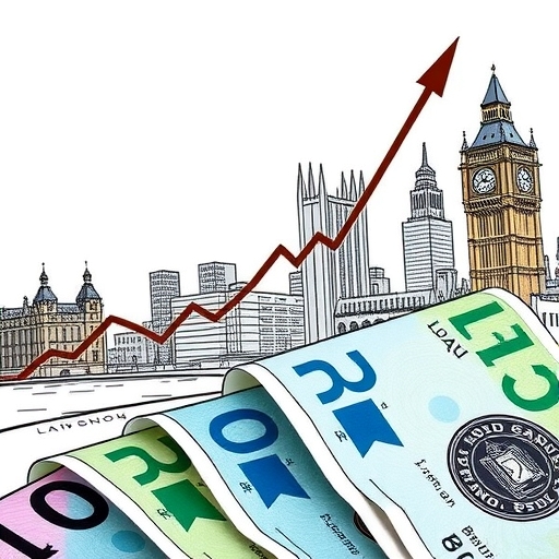 一組鈔票前景，以及倫敦天際線作為背景