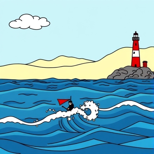 一座燈塔指引著穿越波濤洶湧水域的方向，象徵策略與洞察