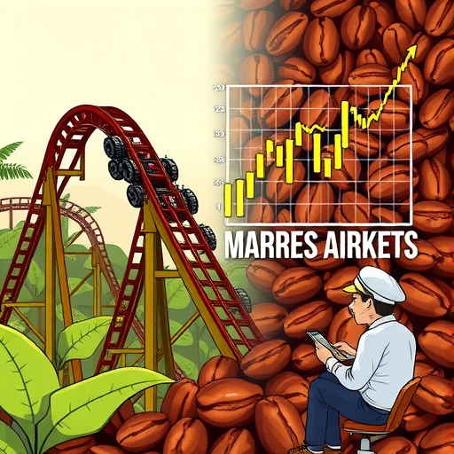一幅象徵可可期貨市場波動的雲霄飛車