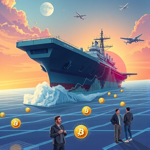 一艘高科技船隻正在轉變為現代航空母艦，以象徵灰度的演變。