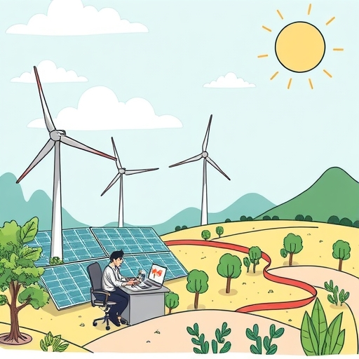 一個繁忙的再生能源市場，風力渦輪與太陽能板共存