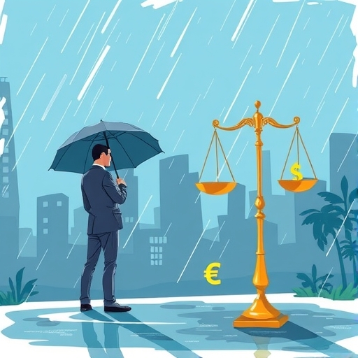 一位男子在暴風雨的市場環境中撐著雨傘