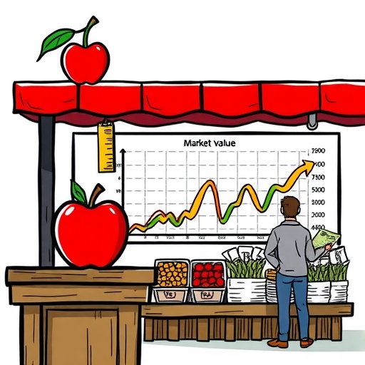 市場攤位上的蘋果，象徵市場價值。