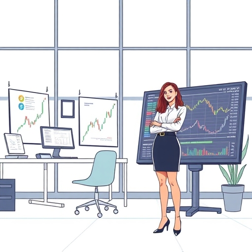 一位女性正在現代辦公室中分析股票圖表