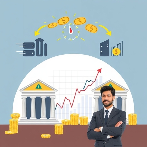 銀行大樓間進行貨幣交易的插圖