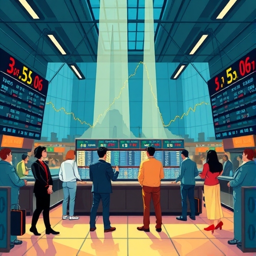 一幅展示股票交易所內買方和賣方的市場動態插圖