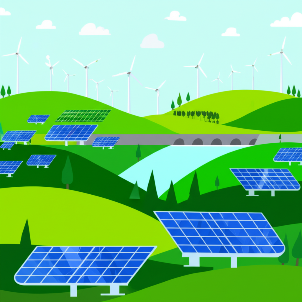 綠氫生產過程的視覺化圖像,背景有風力發電機和太陽能板,前景為電解水裝置。