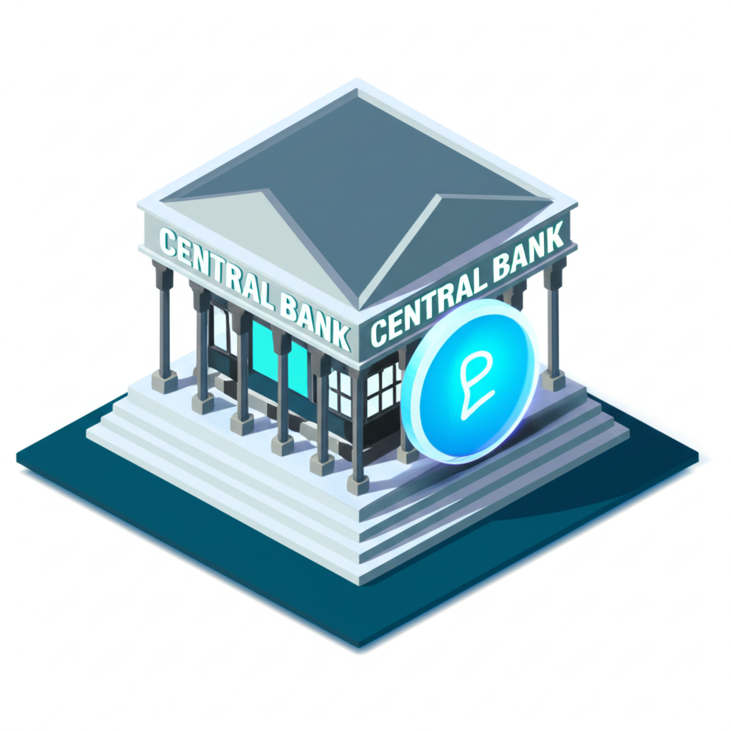 一個現代化插圖,描繪中央銀行數位貨幣(CBDC)的概念,數位貨幣從中央銀行流向金融機構和用戶設備。