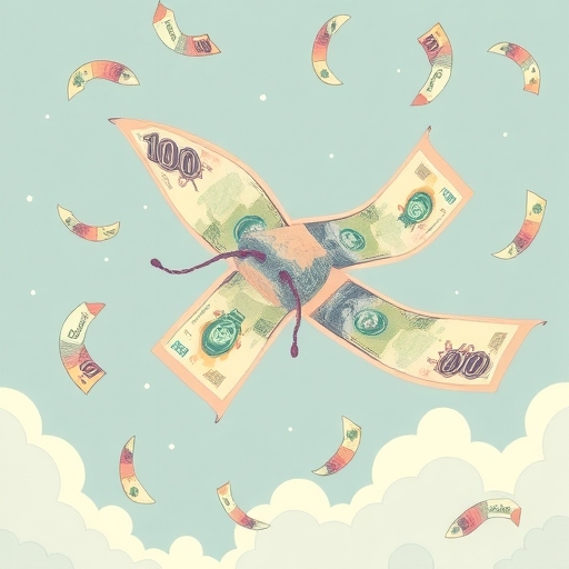 許多日圓鈔票散落在空中。