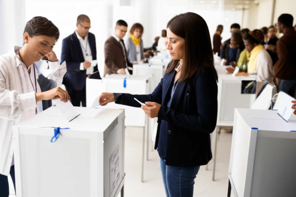 一群日本民眾正在排隊投票，展現民主參與。