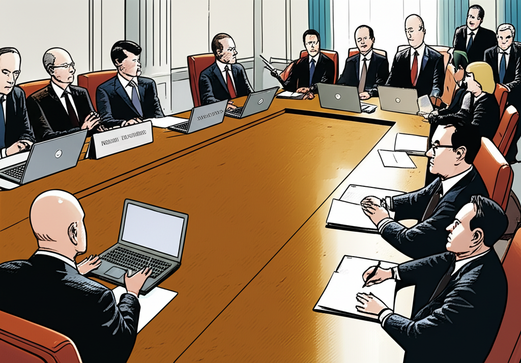 聯準會經濟政策的抽象呈現，包含法槌與利率曲線圖