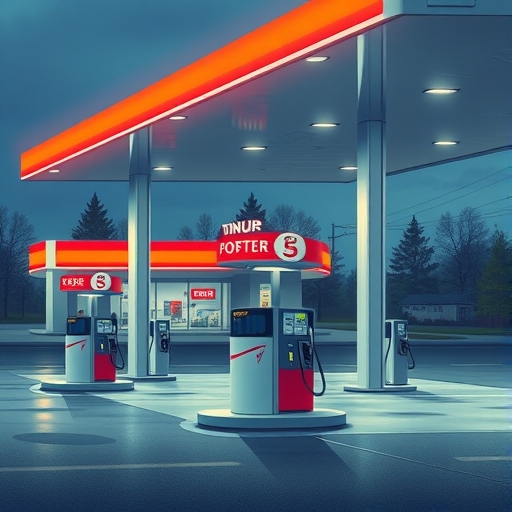 一座加油站的插畫，其中加油槍處於空置狀態。
