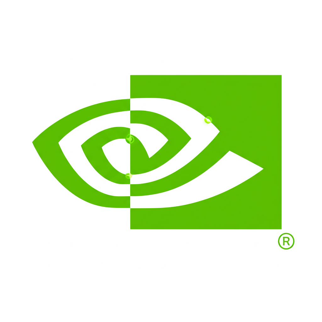 一個未來感十足的輝達GPU晶片，周圍環繞著資料流與數位大腦，強調其AI運算能力。