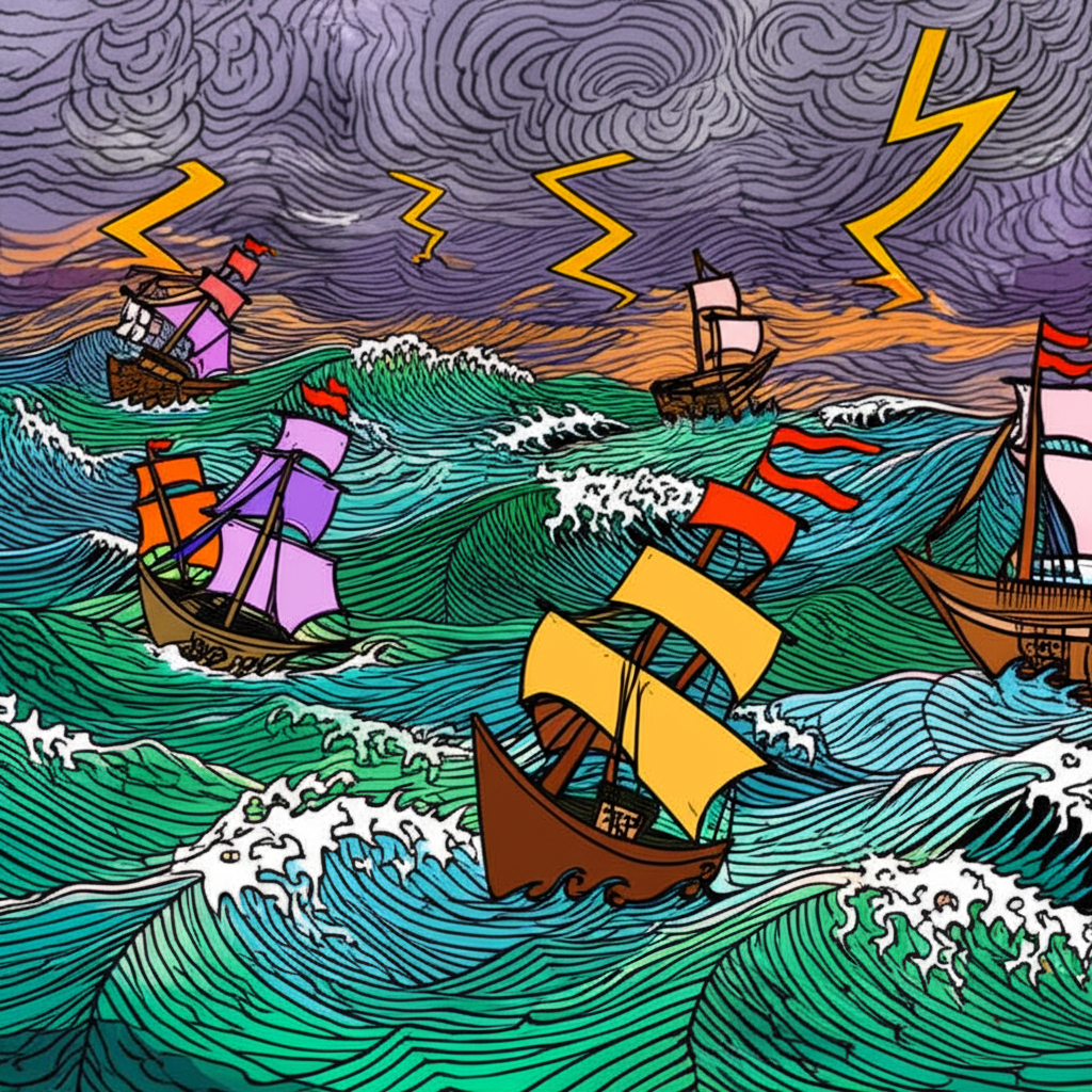 一艘大型貨櫃船在紅海航行，背景有軍艦，顯示因近期襲擊而增加的安全部署。