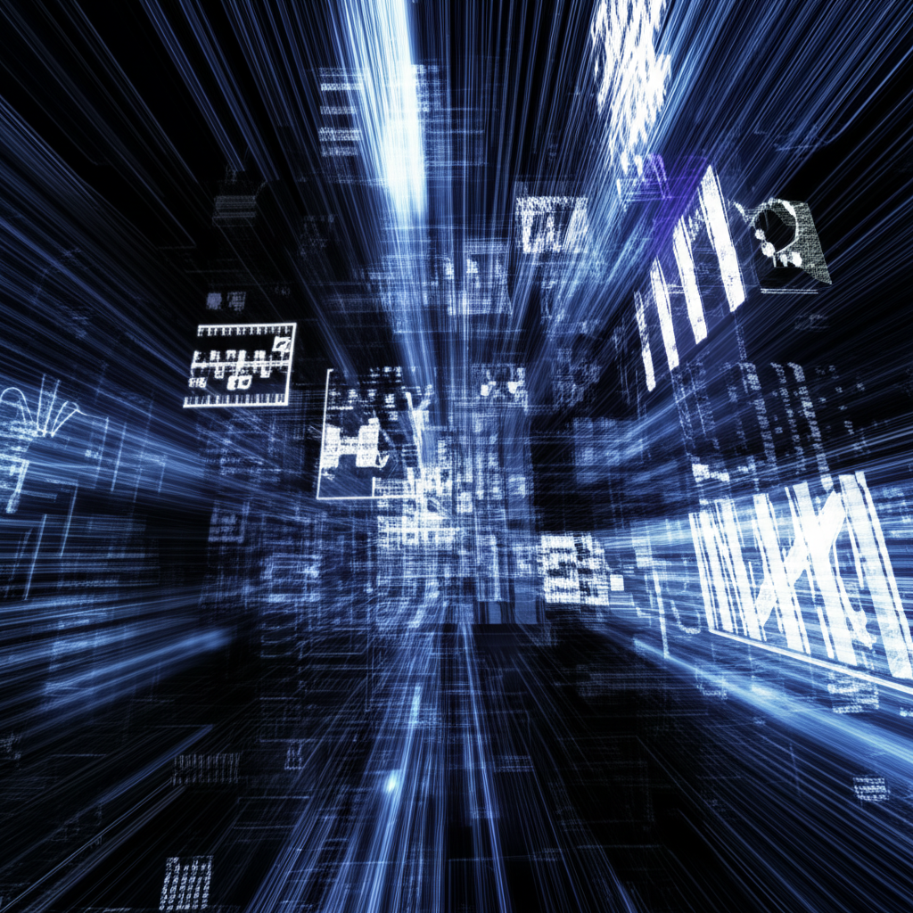 夜晚繁忙的智慧城市,AI系統管理交通、能源與公共服務,自駕車與無人機穿梭其中。