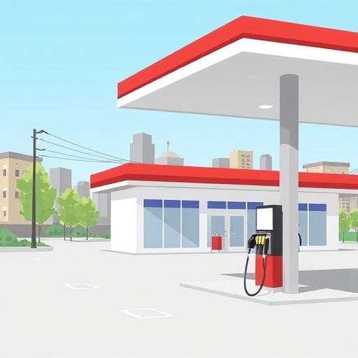 一座加油站的插畫，其中加油槍處於空置狀態。