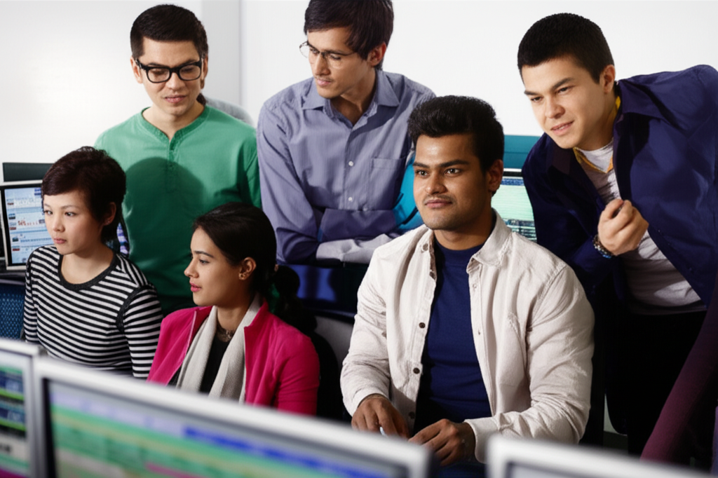 筆記型電腦螢幕上顯示著金融交易介面的特寫,有即時股價圖表、訂單簿和多種金融指標。一個專注的人手輕放在鍵盤上,背景模糊,營造出精準、準備就緒和現代金融參與的氛圍。