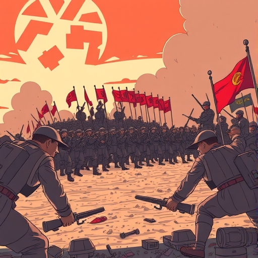 描繪戰爭場景的插圖,展現軍事行動。