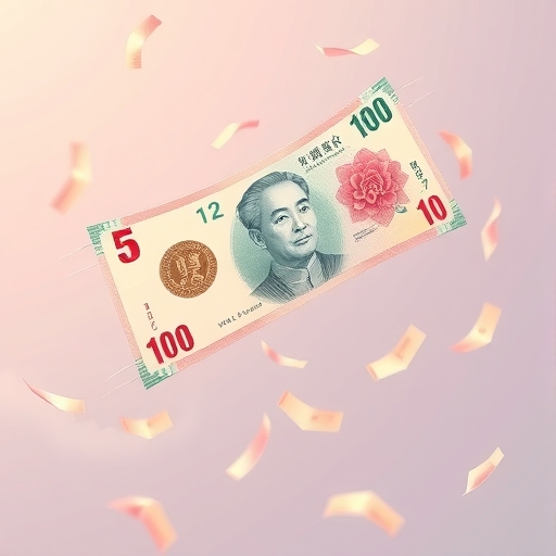 一堆日圓鈔票向上飛揚。