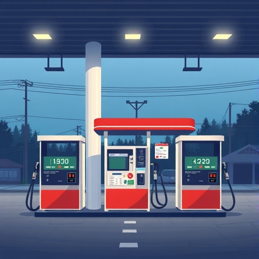 一座加油站的插畫，其中加油槍處於空置狀態。