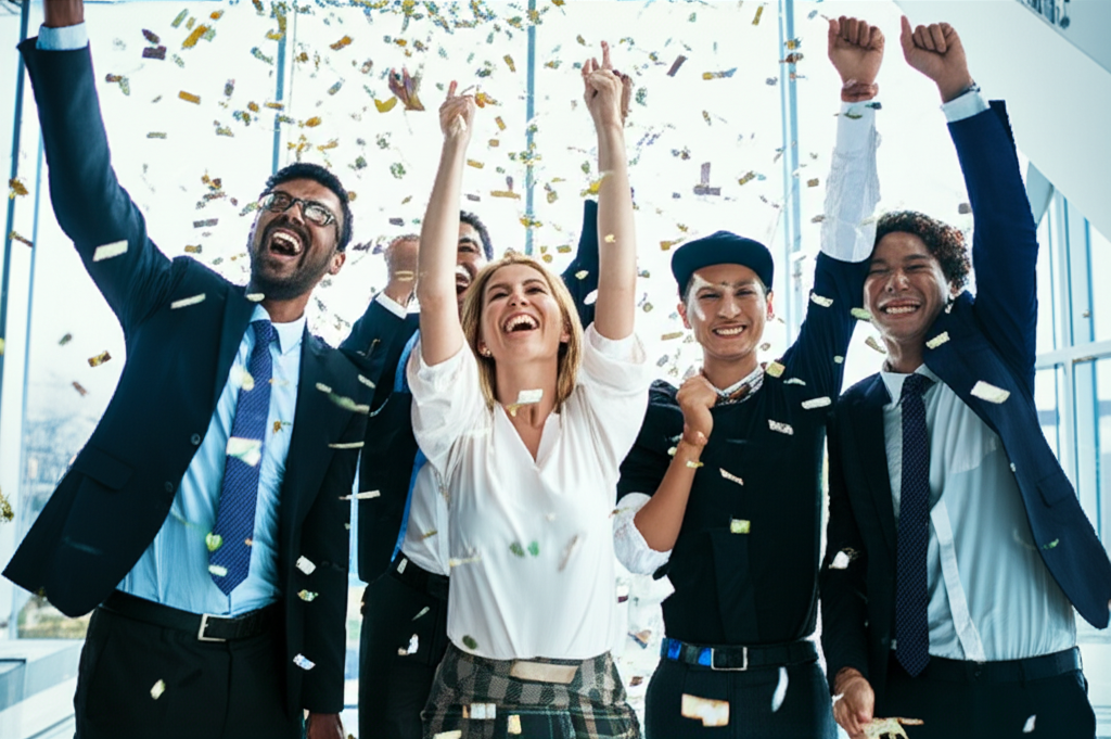 一張充滿活力的國際展覽插圖，不同人群正在交流，攤位展示各種服務（如 MICE），背景隱約可見地球，代表全球業務擴張。