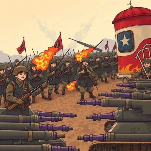 描繪戰爭場景的插圖,展現地緣政治緊張。
