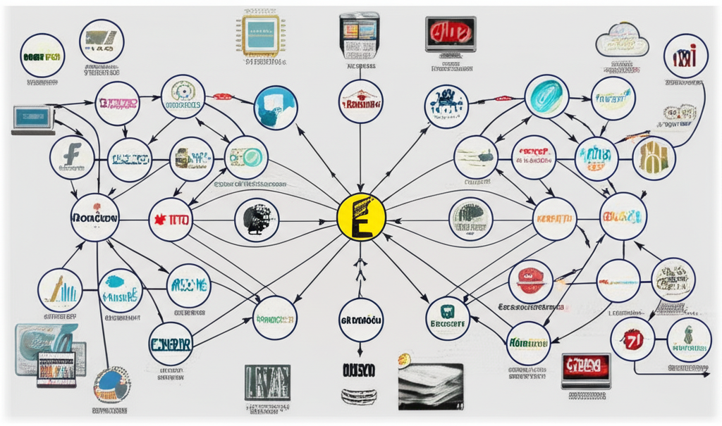 科技巨頭對全球經濟影響力的未來都市景觀。