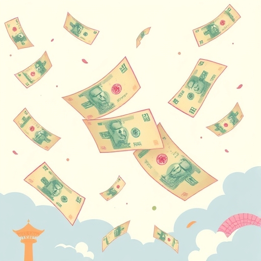 一疊日圓鈔票在空中飛舞。