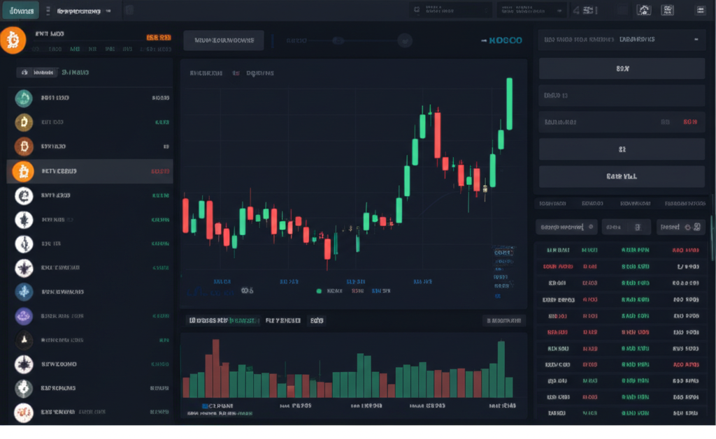 虛擬貨幣交易所使用者介面顯示多種交易對、圖表和訂單簿，介面簡潔現代，並顯示即時市場數據，使用者正積極監控市場。