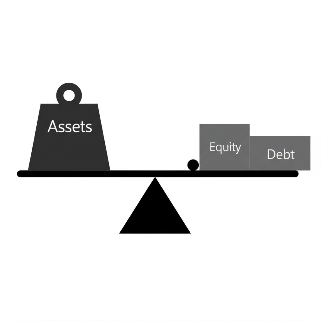 一位投資者在天平兩端平衡著金錢，象徵槓桿的收益與風險並存。