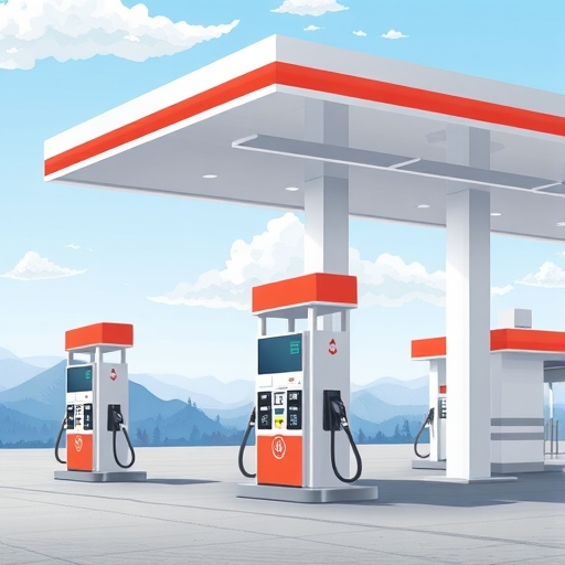 一座加油站的插畫，其中加油槍處於空置狀態。