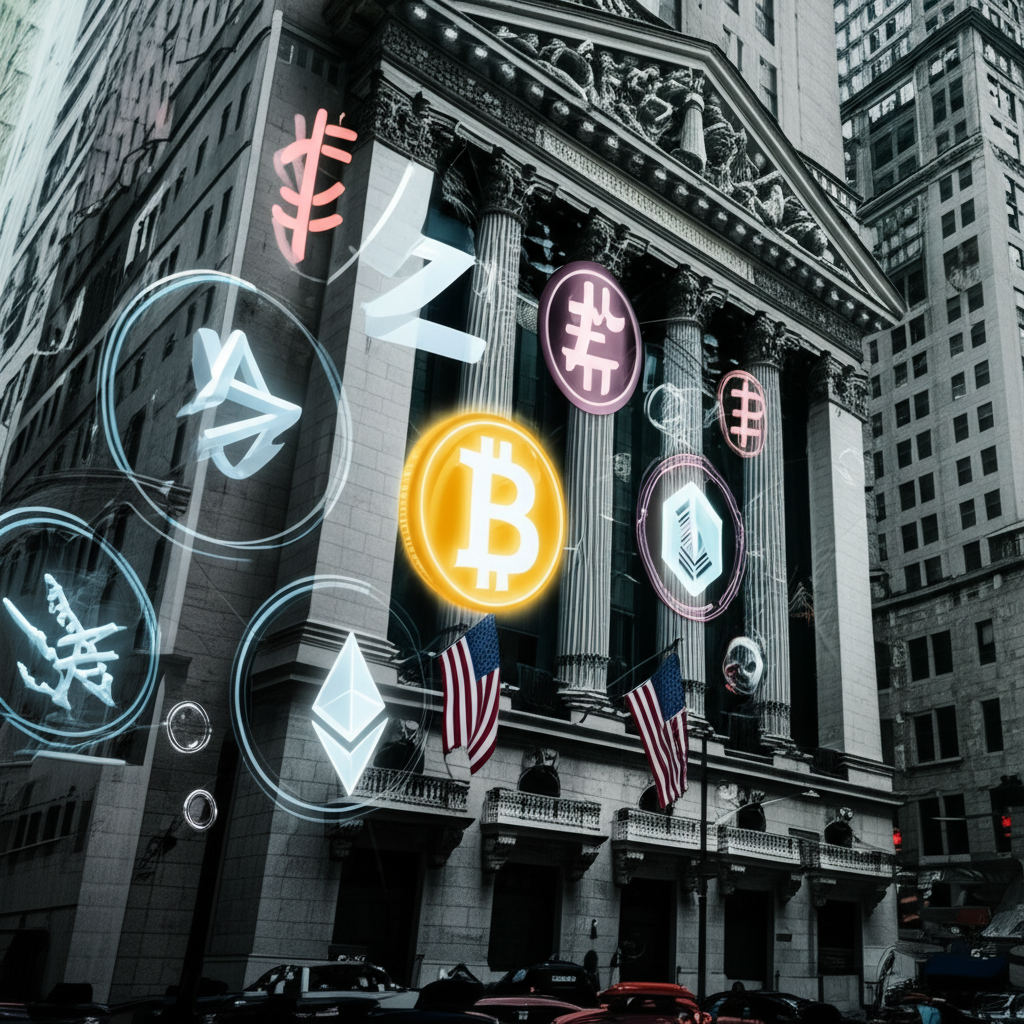 一張專業的現代證券交易所交易大廳影像，螢幕顯示即時股價，交易員積極工作，象徵紐約證券交易所。