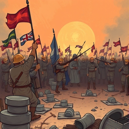 描繪戰爭場景的插圖,展現衝突與不確定性。