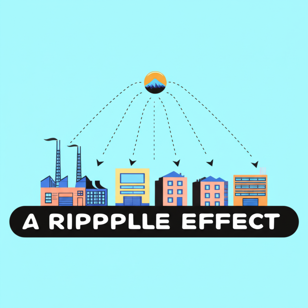 經濟漣漪效應插圖,描繪資金在不同產業間流動所產生的擴散影響