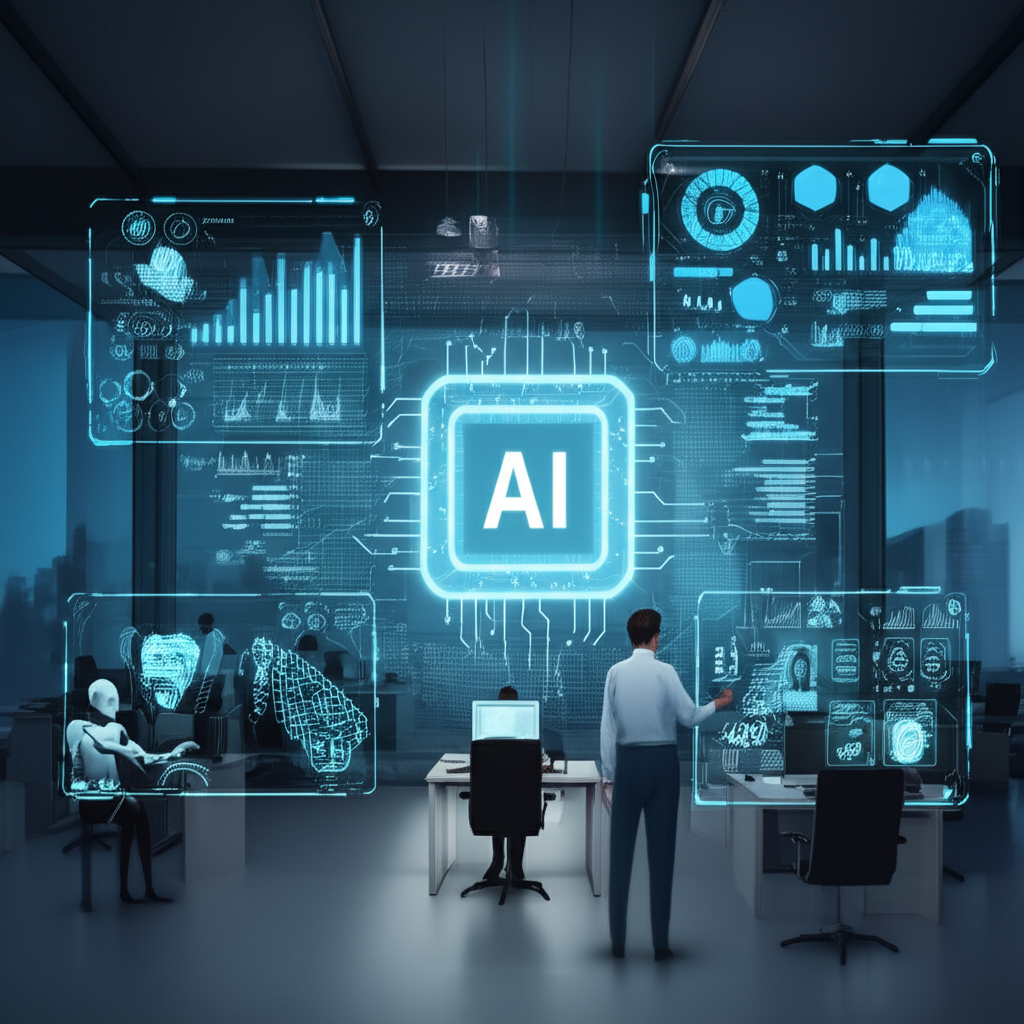 An illustration depicting AI applications enhancing operational efficiency data analysis talent management and human machine collaboration a futuristic office setting with integrated AI tools