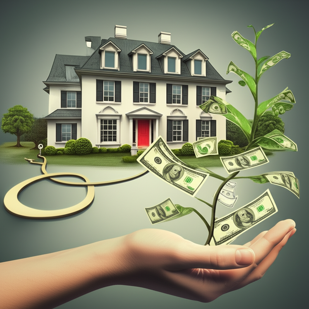 An illustration showing three interconnected concepts a historical timeline leading to a house representing past transaction a growing plant with money leaves representing future economic benefits and a hand holding a key representing control over resources