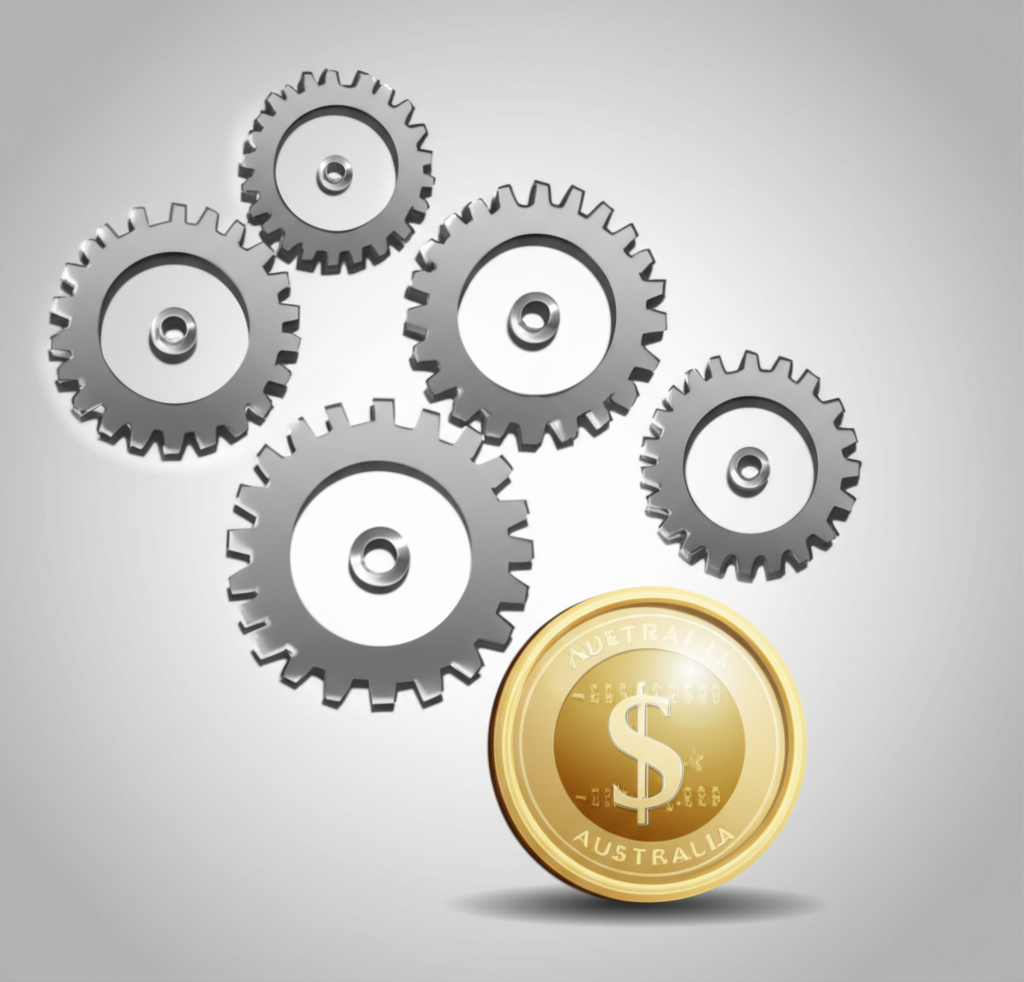 澳幣影響因素插圖:五個互聯齒輪或槓桿作用於澳幣幣值,代表複雜因素對其價值的影響