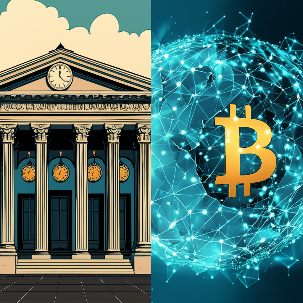 傳統股票市場建築與固定時鐘對比,動態全球比特幣網路無時間限制
