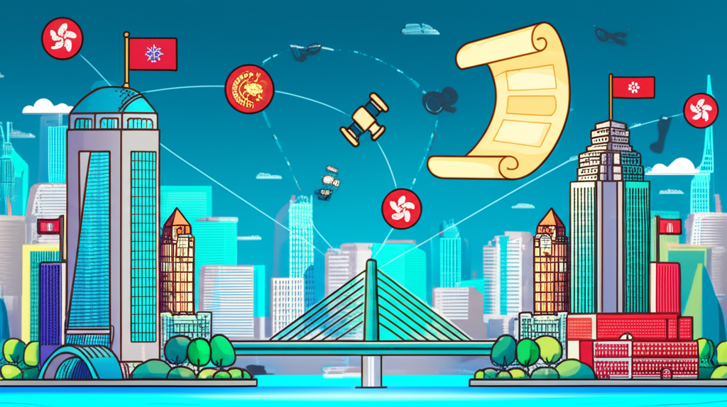 兩座象徵台灣與香港的金融大樓透過數位橋樑連接,周圍浮現法律卷軸與監管符號的插圖