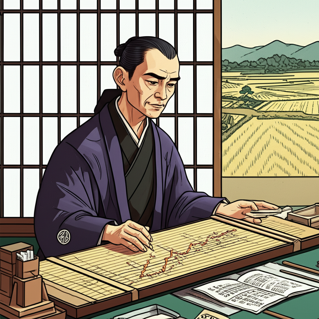 十八世紀日本米商本間宗久觀察稻米價格圖表的歷史場景,背景有稻田,象徵金融創新