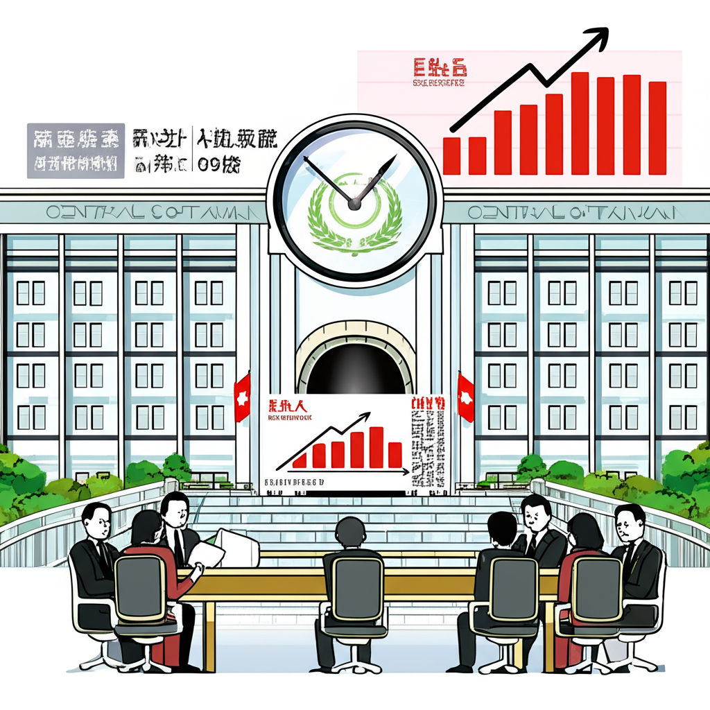台灣中央銀行建築插圖,鐘錶顯示季會時間,會議室內西裝人士討論通貨膨脹、成長與就業圖表