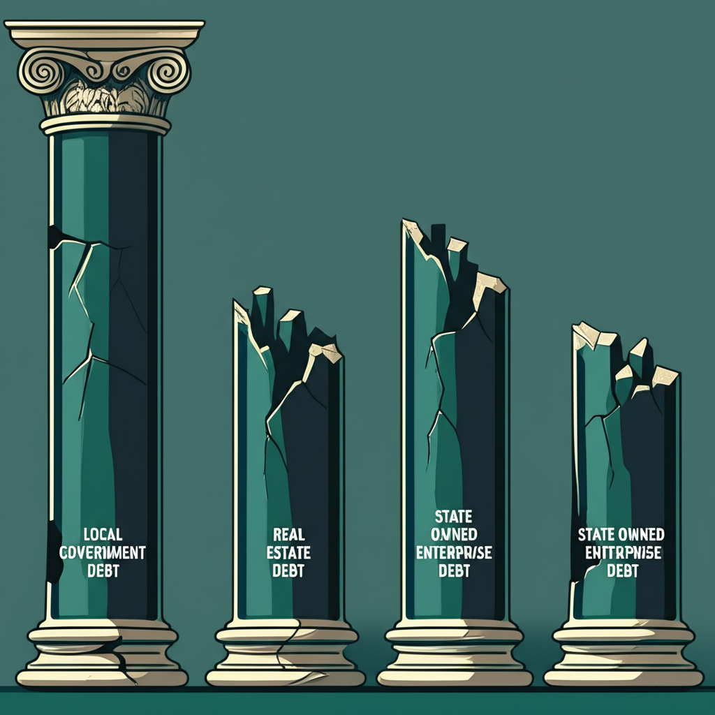 An illustration showing four distinct pillars representing local government debt real estate debt state owned enterprise debt and household debt each pillar showing cracks or instability an illustration style