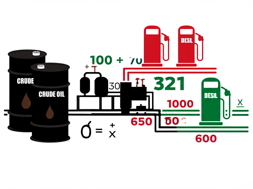 3:2:1裂解價差計算示意圖,顯示三桶原油轉化為兩桶汽油和一桶柴油的過程