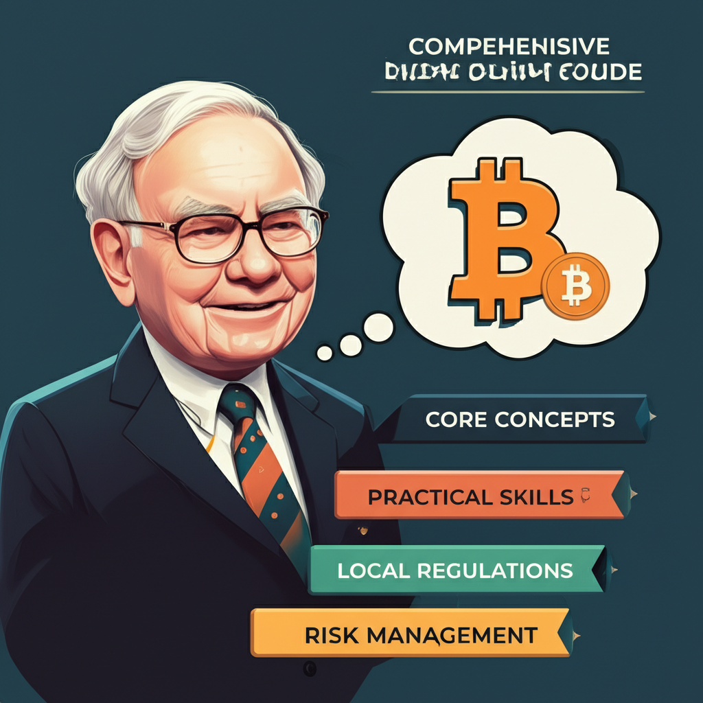 全面數字貨幣交易指南插圖,箭頭指向核心概念、實務技巧、本地法規與風險管理,思想泡泡顯示巴菲特與比特幣